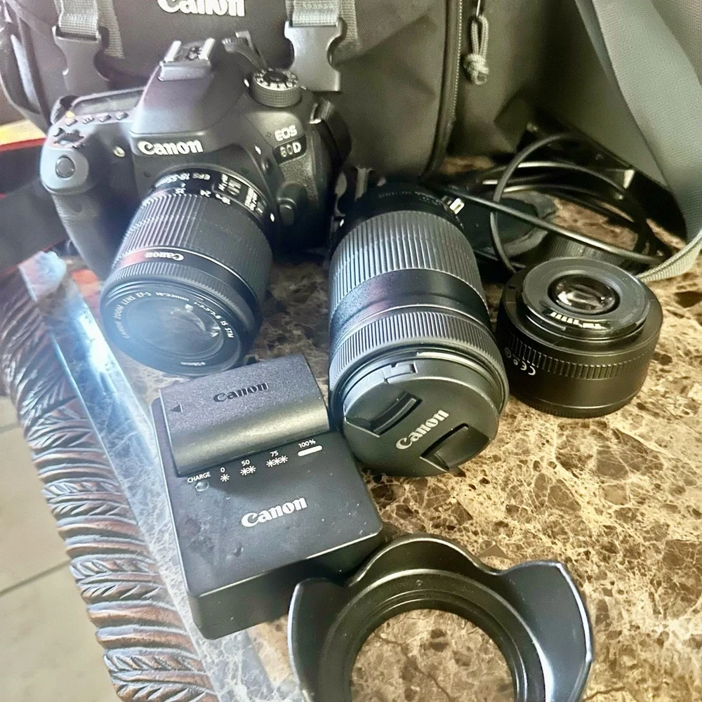 Canon 80D Camera with three lenses,camera bag ,two batteries and charger